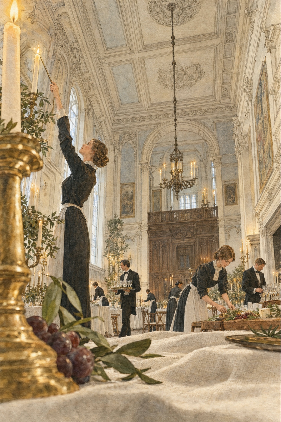 Attendants preparing an elegant candlelit wedding reception