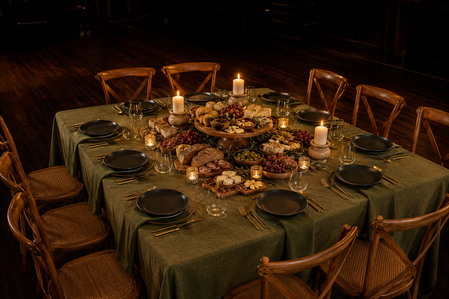 Cana — the shared feast as centrepiece: olive linen, black ceramic tableware, gold cutlery, olive green napkins, rustic candle holders and grouped votives, timber serving boards, a raised timber stand, charcuterie boards, artisan cheeses, cured meats, artisan breads and flatbreads, bowls of olives, and pottery vessels