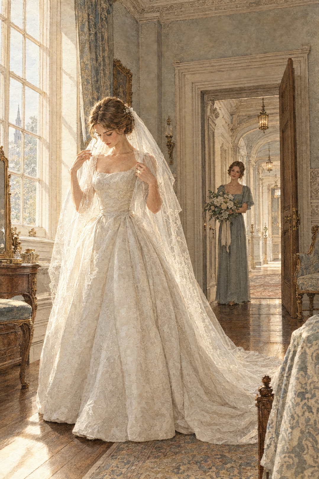 A bride dressing in morning light as her attendant waits in the doorway