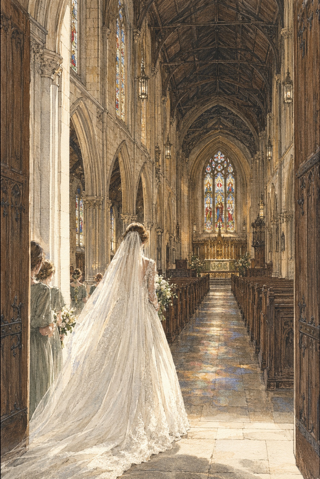 A bride entering a historic church through open timber doors
