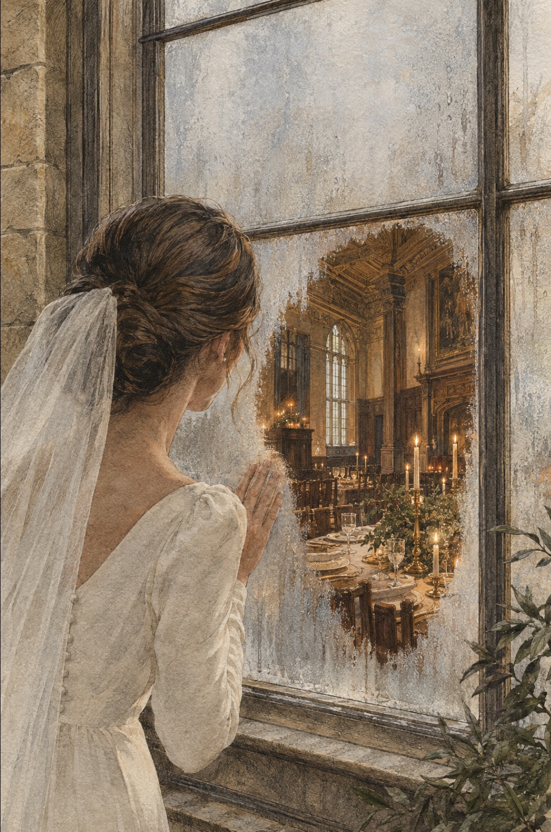 A bride looking through an aged window toward a candlelit wedding table