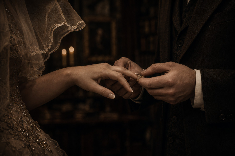 A close detail of the ring being placed upon the bride's hand by candlelight.