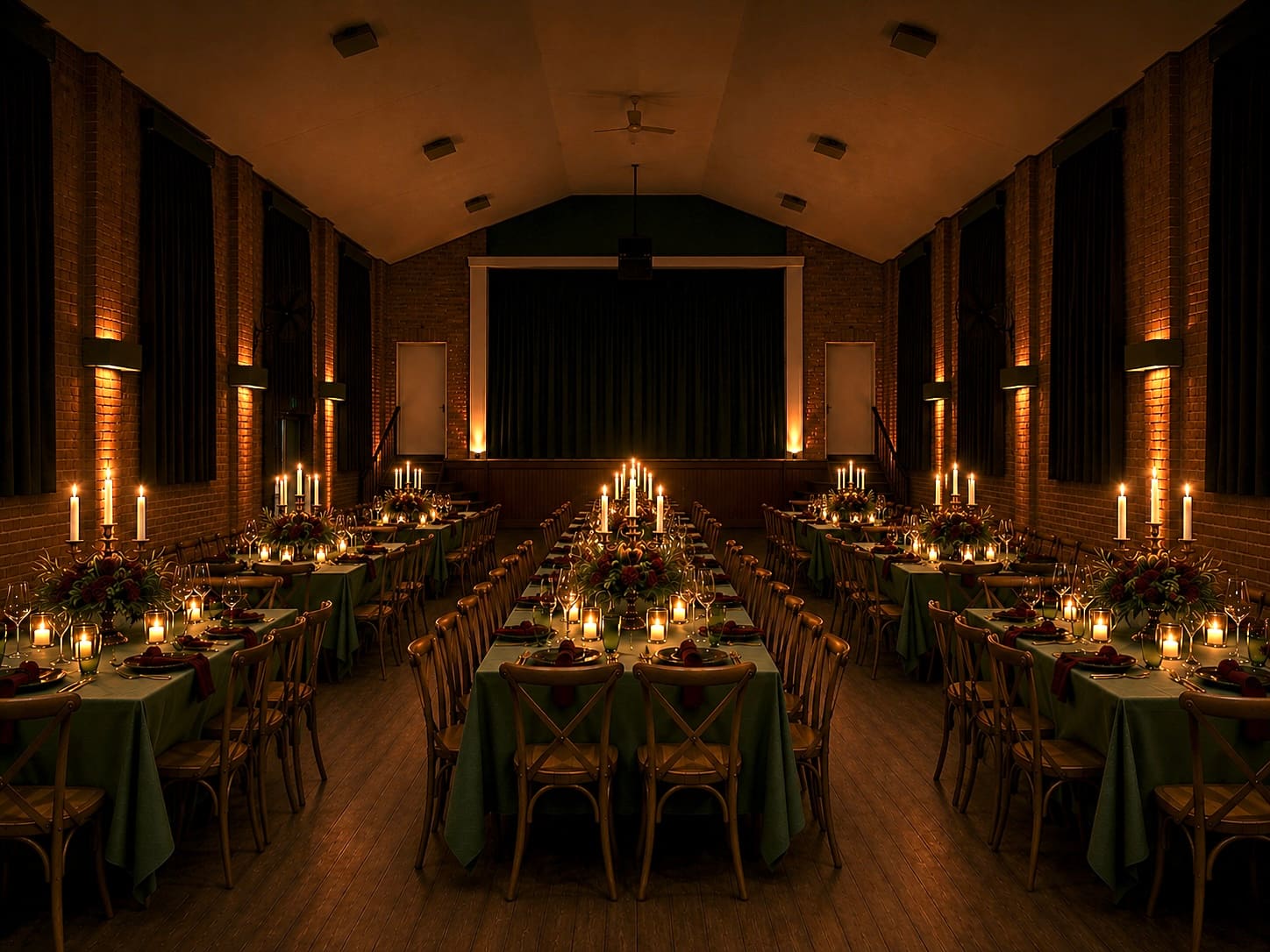The Parish Hall set for the Shared Table — long candlelit tables beneath the vaulted ceiling, dressed in soft green linen